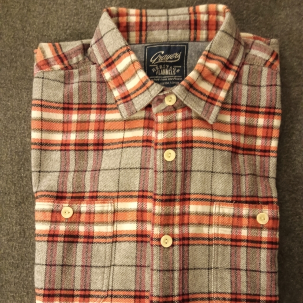 Grayer's Men's Flannel shirt-plaid gray, white,orange, black and brown. Large